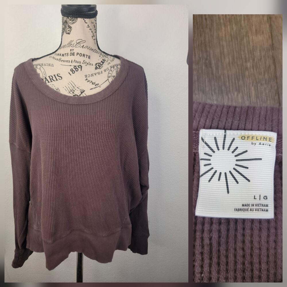 Aerie Oversized Sweatshirt SZ L Pulllover Waffle Knit Semi Crop Chocolate Brown